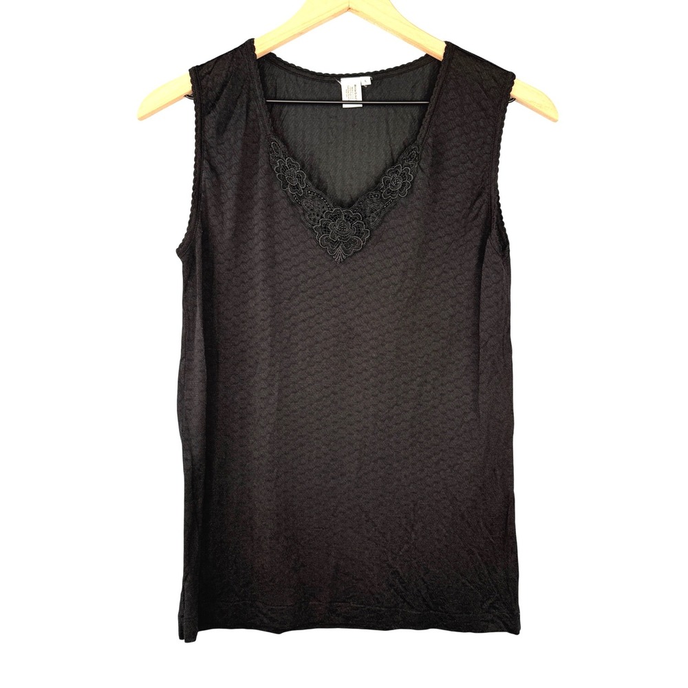 WinterSilks Tank Top Womens L Black 100% Silk Lace V-Neck Sleeveless Layering
